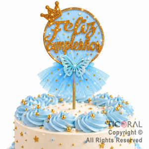 CAKE TOPPER FELIZ CUMPLEA�OS CIRCULO ORO CON TUL CELESTE